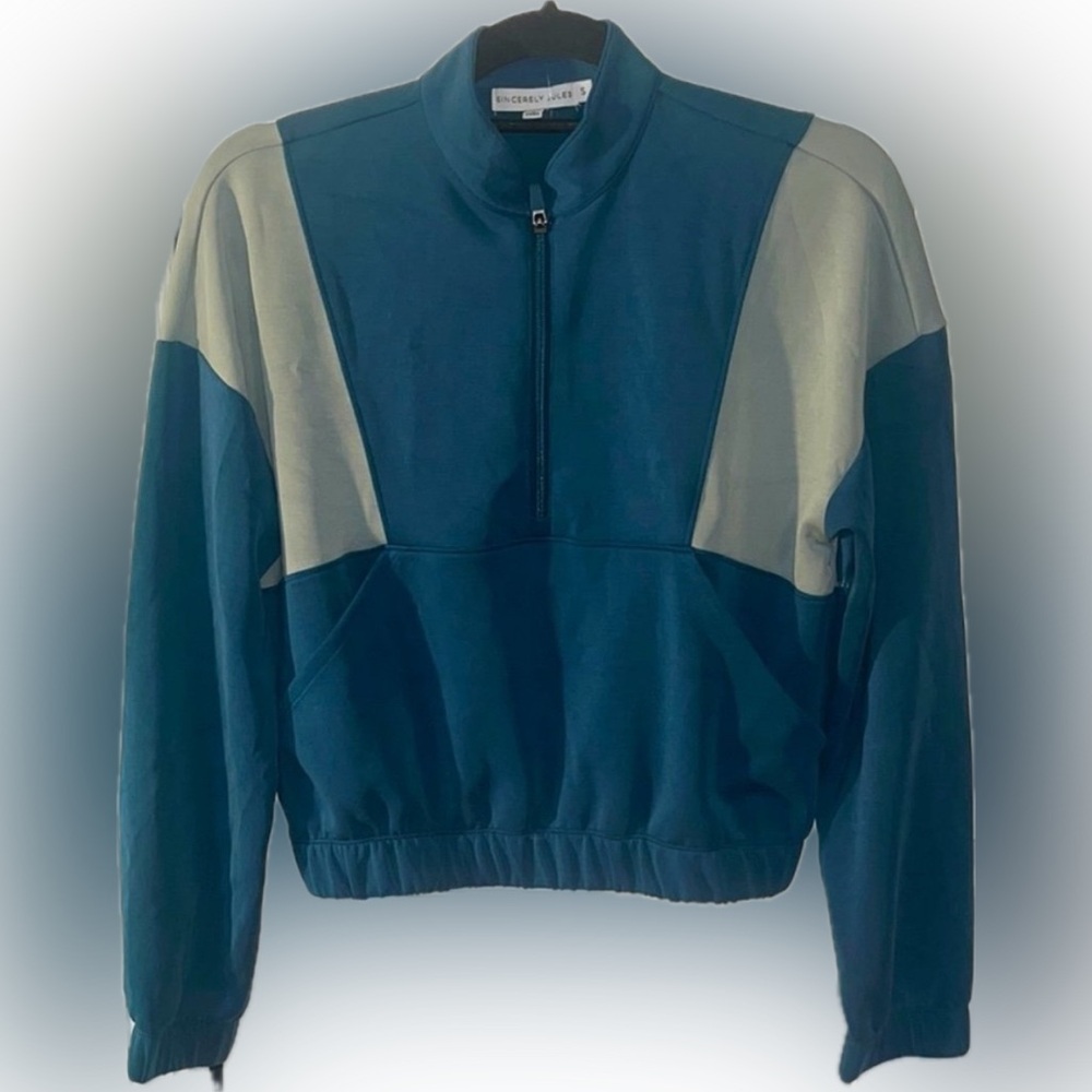 Sincerely Jules Colorblock Quarter Zip Pullover Cropped Teal Sweatshirt